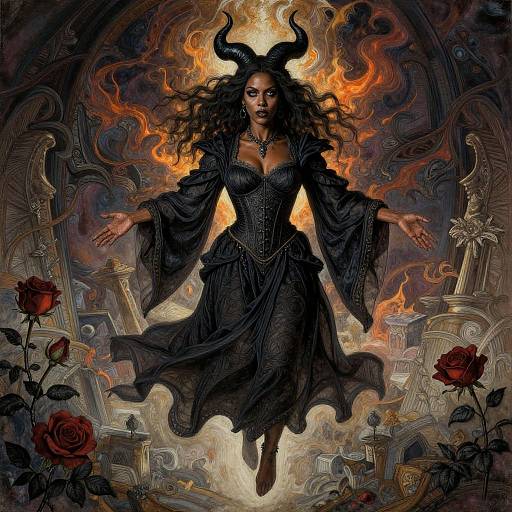 Digital artwork of a dark-skinned woman with fiery orange halo, black horns, flowing black dress, surrounded by flames, roses, and ancient artifacts.