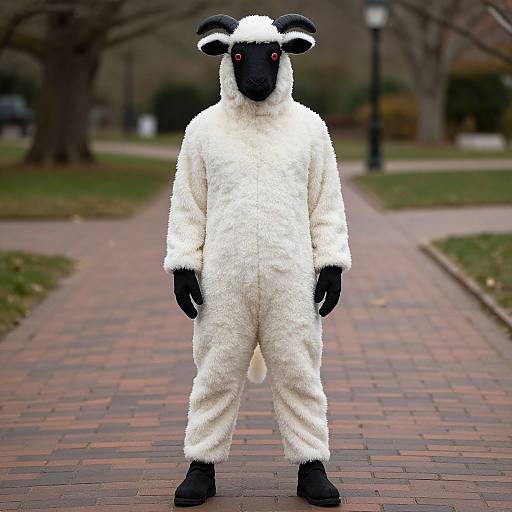 Photograph of a person in a fluffy white sheep costume with black face, hands, and feet, standing on a brick path in a park. Red