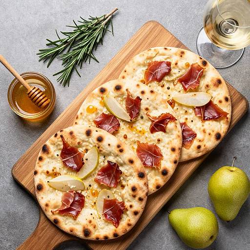 Photograph of two burnt flatbreads with apple slices and prosciutto, on a wooden board, with honey, rosemary, and pears