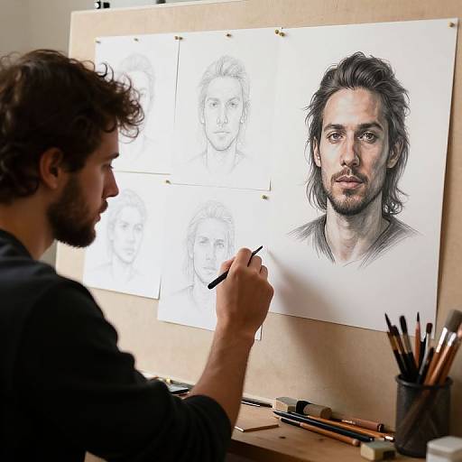 Photograph of a bearded artist with curly hair, sketching a detailed, realistic portrait of a man with long, wavy hair on a white