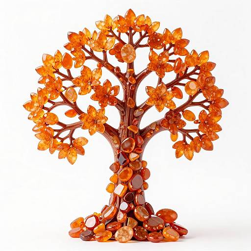 Photograph of an ornate, tree-shaped sculpture with vibrant orange, leaf-like ornaments and numerous brown, coin-like embellishments on a textured, brown