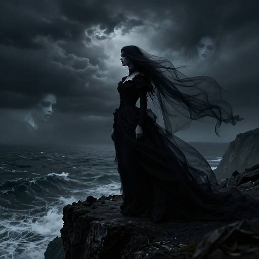 Dark, gothic silhouette of a woman with flowing black hair standing on a rocky cliff, moonlit stormy sea, and ghostly faces in the