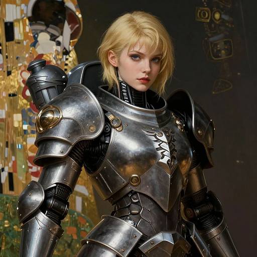 Digital artwork of a blonde woman with blue eyes in shiny, metallic armor, standing in a dark, futuristic room with colorful, ornate background elements.