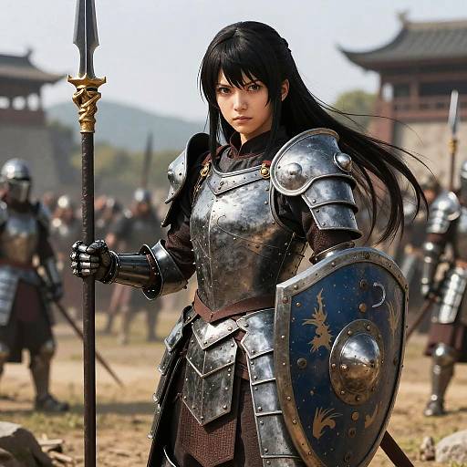 CGI image of an Asian woman in medieval armor with long black hair, holding a spear and shield, standing in a battlefield with other armored soldiers in