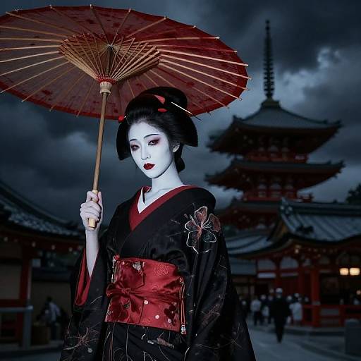 Photograph of a pale-skinned Japanese geisha with black hair in an updo, wearing a black kimono with red sash, holding a