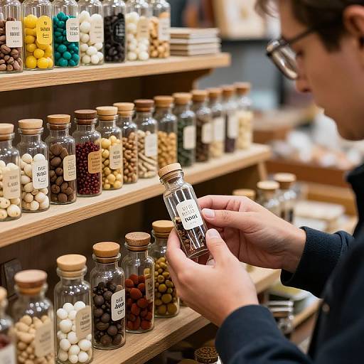 Photograph of a man with glasses examining small glass jars filled with various colored beans on wooden shelves in a store.
