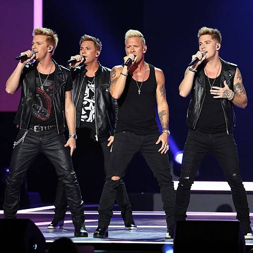 Four muscular, tattooed men with bleached hair sing passionately on stage, wearing black leather vests and jeans, holding microphones. Bright stage lights illuminate