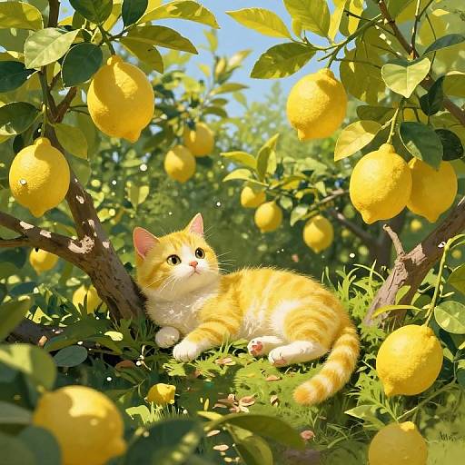 Photorealistic digital painting of a cute, orange and white tabby kitten lying in a sunlit lemon tree, surrounded by ripe yellow lemons.