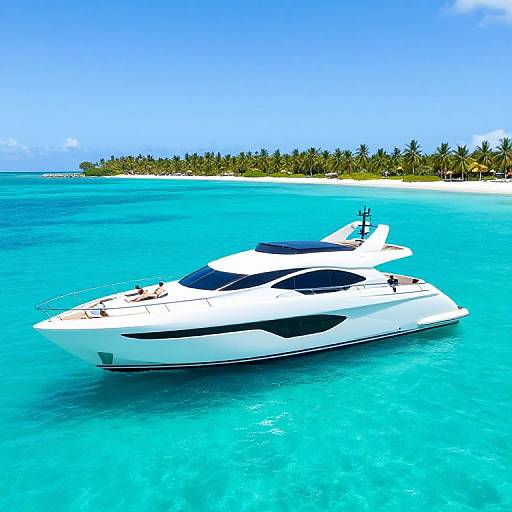 Photograph of a sleek white yacht with black accents floating in vibrant turquoise ocean water, with a palm-lined island in the background under a clear blue sky