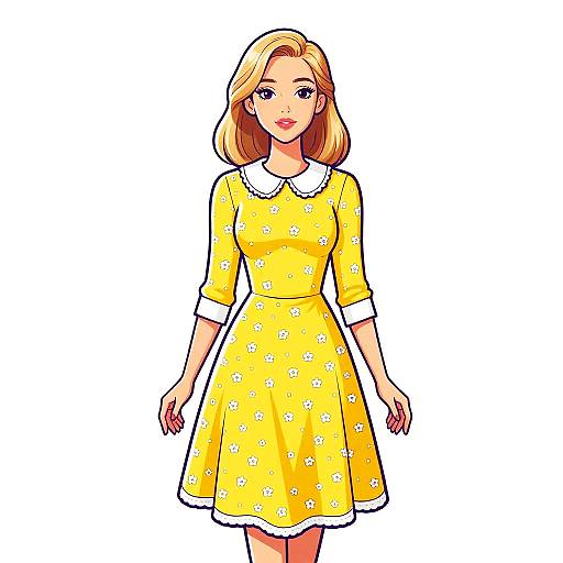 Retro Woman in Yellow Floral Dress