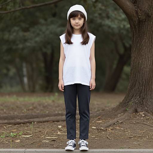 Photograph of a young Asian girl standing in a forest, wearing a white sleeveless shirt, black pants, white sneakers, and a white cap,