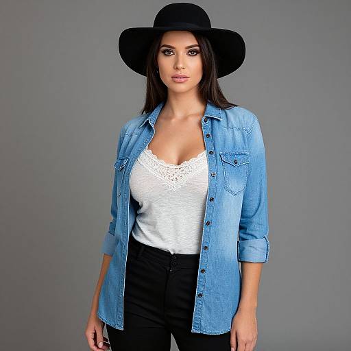 Photograph of a woman with long brown hair, wearing a black wide-brim hat, light blue denim shirt, white lace top, and black pants