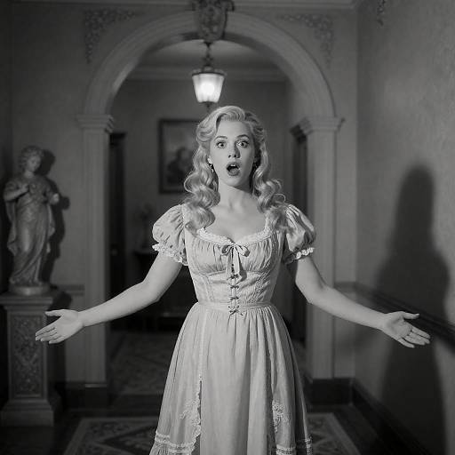Surprised Victorian Woman in Dim Hallway