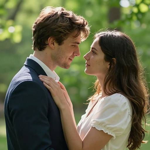 Photograph of a young couple in an intimate moment, man in a black suit, white shirt, woman in a white blouse, hands on his shoulders