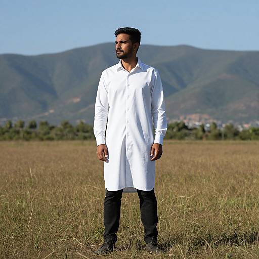 Photograph of a bearded South Asian man in a white long-sleeve shirt and black pants standing in a grassy field with mountains in the
