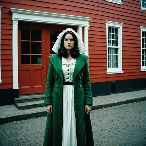 Photograph of a young woman with medium skin tone, dark hair, wearing a white dress, green coat, and white veil, standing in front of