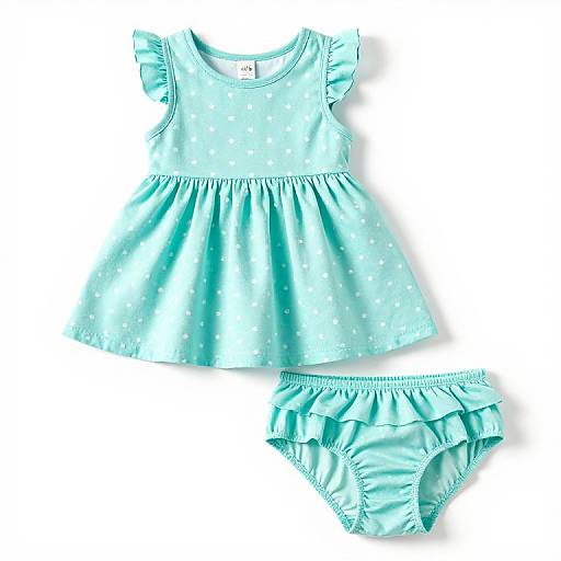 Photograph of a light blue, polka-dot, sleeveless dress with ruffled shoulders and a matching ruffled pant set, laid flat on a