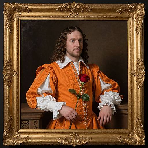 Photograph of a framed portrait showing a curly-haired man in an ornate orange Renaissance-style shirt, holding a red rose, with an elaborate gold frame