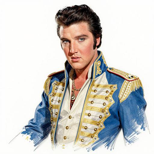 Digital illustration of a handsome, blue-eyed man with dark hair in an elaborate, blue and gold military uniform, white shirt, and gold necklace, against