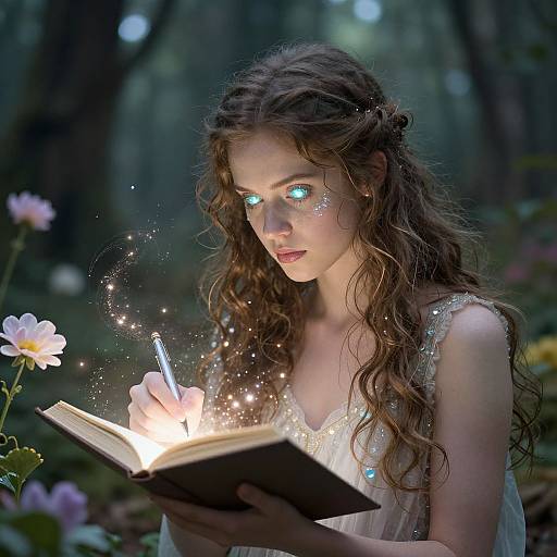 Photograph of a fair-skinned, curly-haired woman with glowing blue eyes, wearing a white, beaded dress, reading a magic book surrounded by