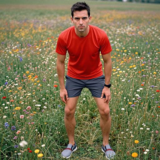 Photograph of a muscular man with short dark hair, wearing a red t-shirt, black shorts, and gray sneakers, standing in a colorful wildflower