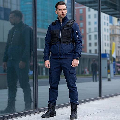 Photograph of a serious, muscular man with short dark hair, wearing a navy tactical outfit, black boots, standing in front of a glass building reflecting