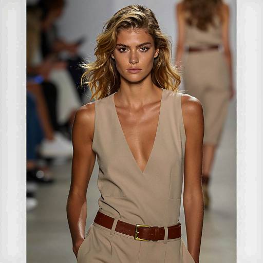 Blonde Model on Runway in Beige Outfit