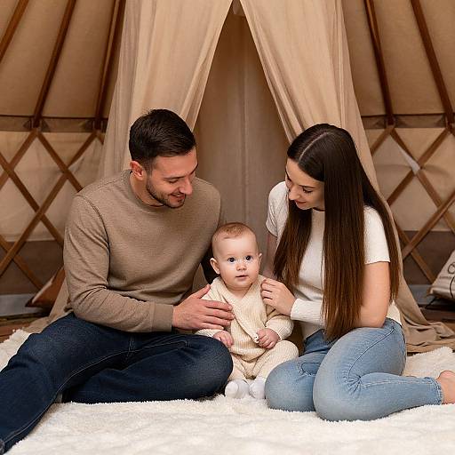 Photograph of a smiling couple with long brown hair, in beige sweaters and blue jeans, sitting on a white rug inside a canvas tent, with