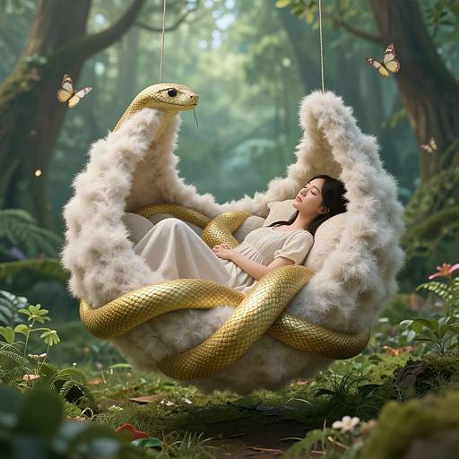 Digital artwork of a woman in a white dress, reclining in a fluffy, snake-shaped swing, surrounded by forest, butterflies, and snakes.