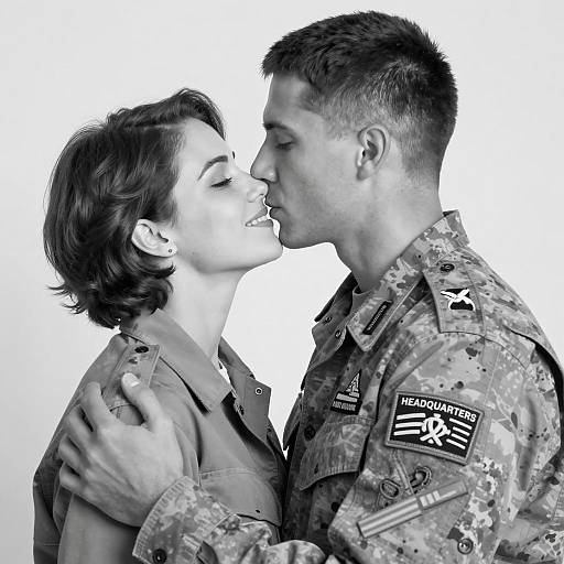 Intimate Black and White Military Embrace