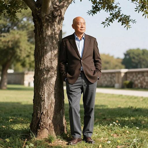 Bald Man by Tree in Sunlit Area