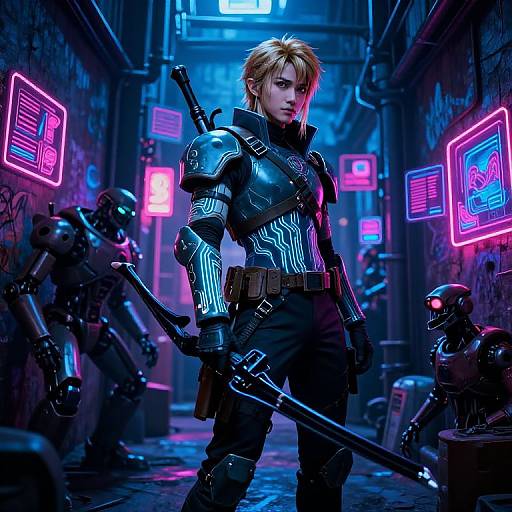 Cyberpunk scene: muscular, blonde man in black armor with neon accents, holding sword, surrounded by robotic guards in neon-lit alley.