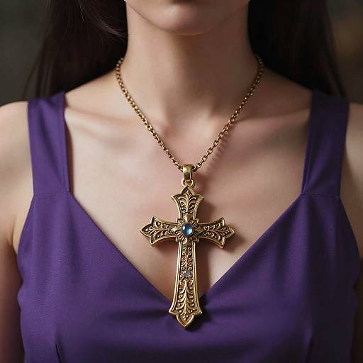 Photograph of a woman wearing a deep purple tank top and an ornate gold cross necklace with a blue gem, centered on her chest.