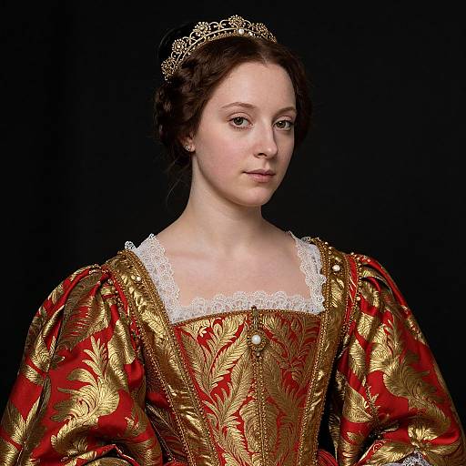 Photograph of a pale-skinned woman in a red and gold Renaissance-style dress with white lace trim, wearing a silver tiara, against a black