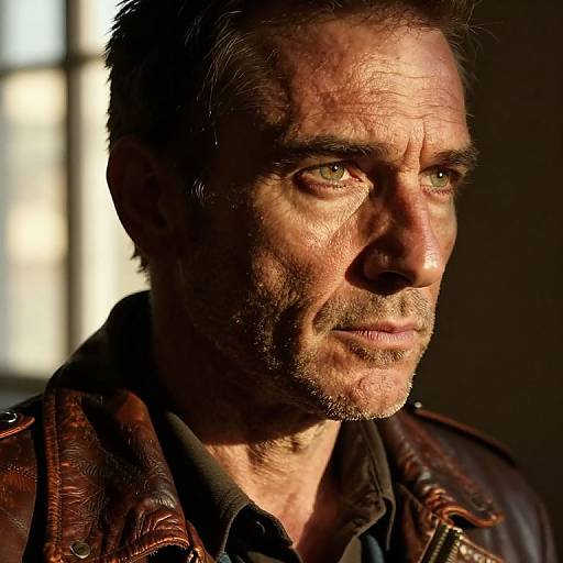 Close-up photograph of a rugged, middle-aged man with sunlit, weathered face, green eyes, dark brown hair, and leather jacket, illuminated