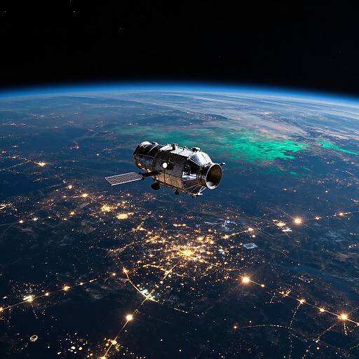 Photograph of a spacecraft orbiting Earth at night, illuminated city lights below, with a clear blue horizon and dark space above.