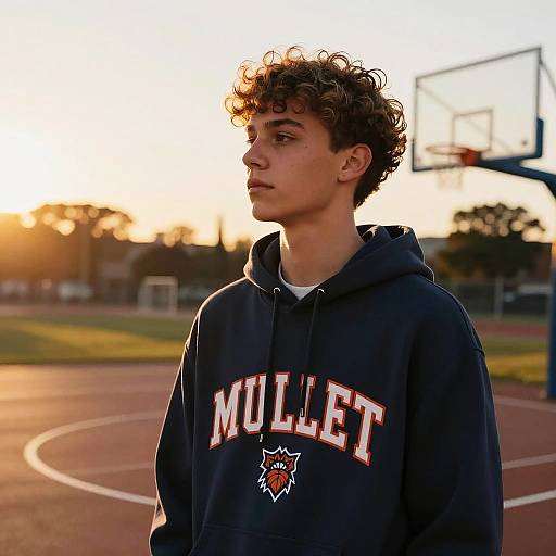 Curly Mullet Teen in Sports Hoodie