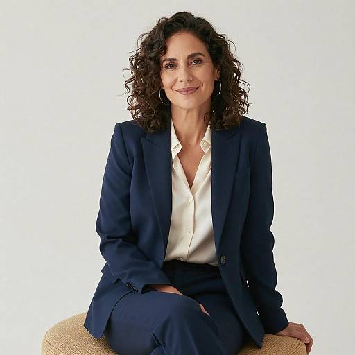 Photograph of a smiling, curly-haired woman with medium brown skin, wearing a navy blue suit and white shirt, seated against a plain white background.