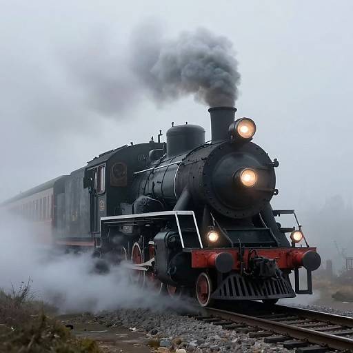 Photograph of a vintage black steam locomotive with white headlights and red accents, emitting thick gray smoke, traveling on a misty railroad track.