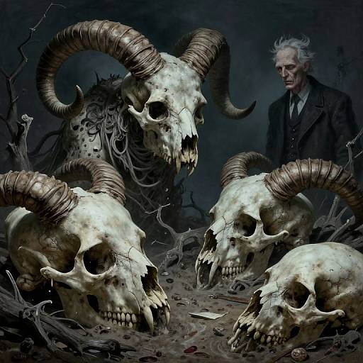 Digital artwork: A pale, elderly man in a black suit stands among four large, twisted-horned, decayed skulls with empty eye sockets in