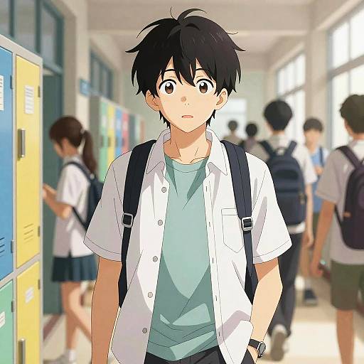 Cool Black-Haired Anime Boy in School