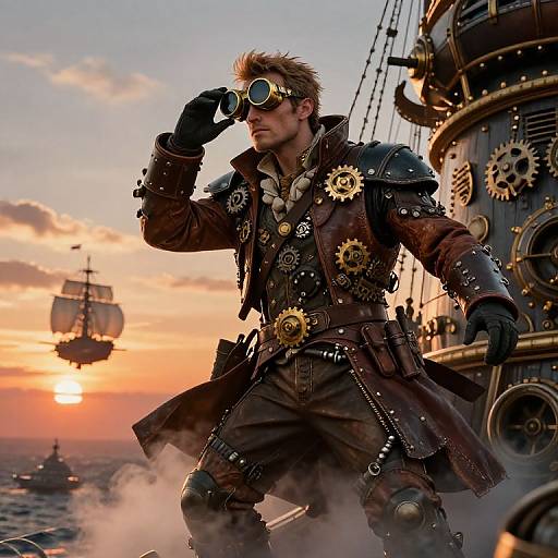 Steampunk pirate captain with goggles, brown leather coat, gears, and sunglasses on ship deck at sunset, with a sailing ship in background.