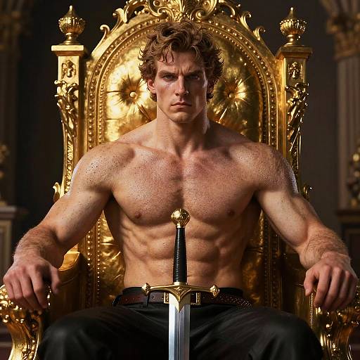 Muscular, shirtless man with curly brown hair sits on a golden throne, holding a sword with a serious expression. Photorealistic CGI.