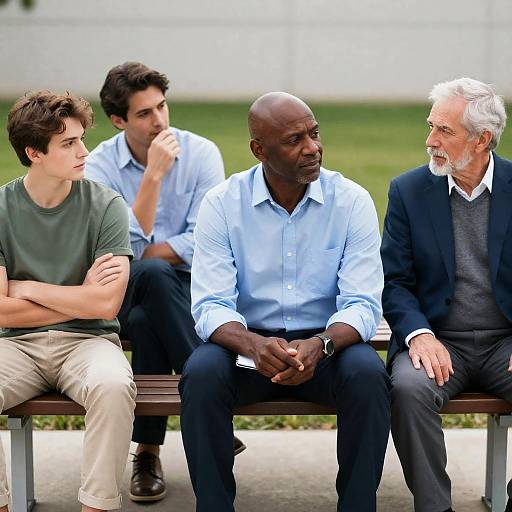 Four Men Sitting on Outdoor Bench