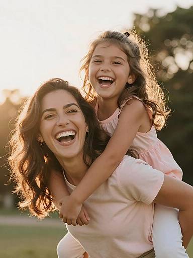 Joyful Mother and Daughter Piggyback Outdoors