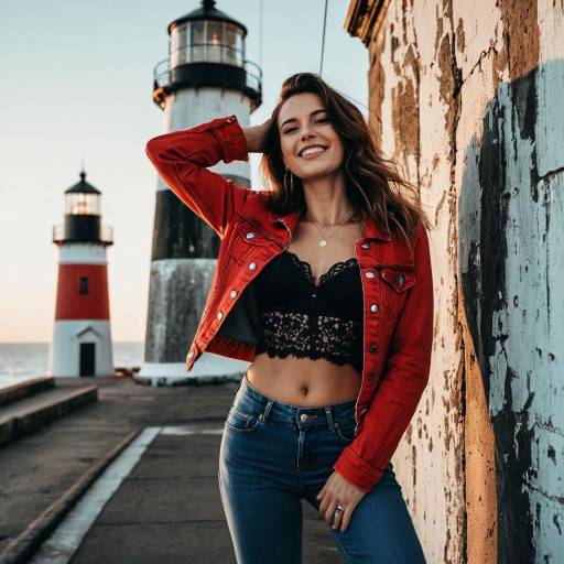 Joyful Woman in Red Denim Jacket by Lighthouse