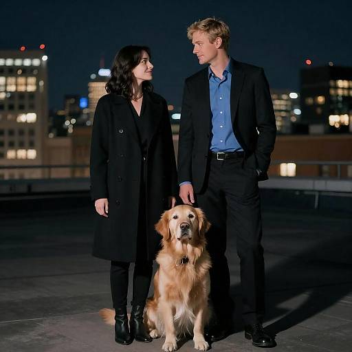 Couple and Golden Retriever on Rooftop