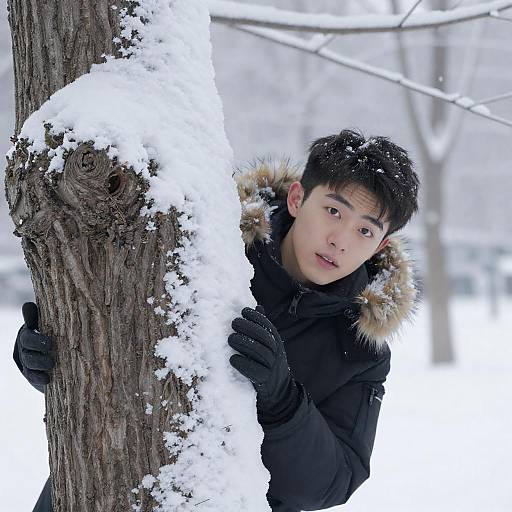 Young Man Peeking Behind Snowy Tree