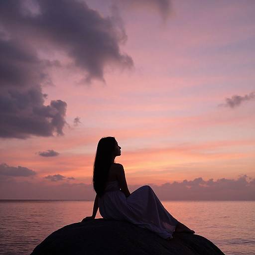 Silhouetted woman with long hair, in a flowing dress, sits on a rock against a vibrant pink-purple-orange sunset and cloudy sky over a