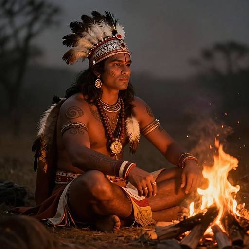 Photograph of a muscular, dark-skinned Native American man with feathered headdress, tattoos, and jewelry, sitting by a campfire at dusk